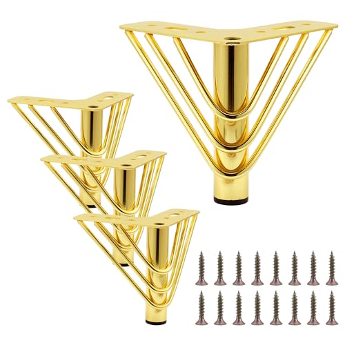 Lpraer 4pcs Metall Möbelfüße Gold Set 10CM Füße für Möbel, DIY Möbelbeine Schrankfüße Ersatz Möbelfüße mit Gummimatte Als Sofa Füße Bettfüße Schrankfüße Schubladen belastbar bis 1200KG (10cm/4 Zoll) von Lpraer