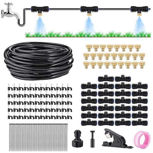 Lpraer Bewässerungsnebelsystem 20m Nebelleitung mit 26 T-Stück Nebeldüsen, 60 Kabelbinder und 3/4 Zoll Messing Adapter Sprühnebel Kühlsystem für Outdoor Terrasse Garten Rasen Gewächshaus von Lpraer