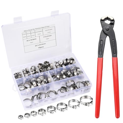 Lpraer Ohrklemmenzange Einzelohrschlauchklemme Schlauchschellen mit Zange Set mit 150pcs Schhlauchklemmen 6-23,5mm + Zange Klemmwerkzeugsatz aus 304 Edelstahl von Lpraer