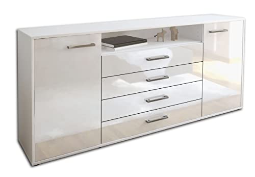 Lqliving Kommode Sideboard Enzo, Korpus in Weiss matt, Front im Hochglanz-Design Weiß (180x79x35cm), inkl. Metall Griffen, Made in Germany von Lqliving