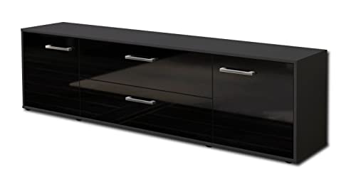 TV-Board Lowboard Aquilina, Korpus in anthrazit matt, Front im Hochglanz-Design Schwarz (180x49x35cm), mit Metall Griffen, Made in Germany von Lqliving