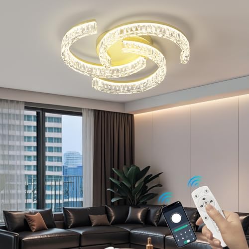 Lrenjon Schlafzimmerlampe, Deckenlampe Mit Fernbedienung Wohnzimmer Dimmbar, 40W LED Küchenlampe Decke 3000K-6000K 4100LM, 52CM Deckenleuchten Acrylkristallmaterial Für RestaurantsBüroLoft-Gold von Lrenjon
