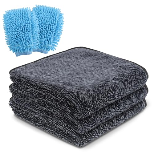 Lrocotanc Autopflege-Set – 3 Stück Mikrofasertücher (30 x 30 cm) und 2 Waschhandschuhe – Auto-Tuch – Geeignet für die Auto-Reinigung von Lrocotanc