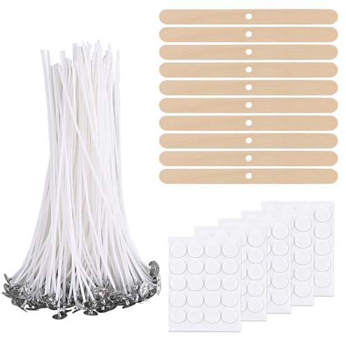 Kerzendocht Set - Enthält 100 Stück 20cm Kerzendochtfür Kerzen Docht 100 Stück Kerzen Klebeplättchen 10 Stück Dochthalter ideal für DIY Kerzenherstellung von Lrocotanc