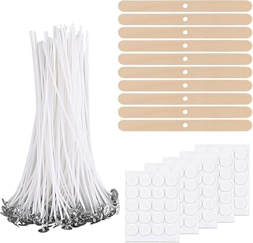Kerzendocht Set - Enthält 200 Stück 10cm Kerzendochtfür Kerzen Docht 200 Stück Kerzen Klebeplättchen 20 Stück Dochthalter ideal für DIY Kerzenherstellung von Lrocotanc