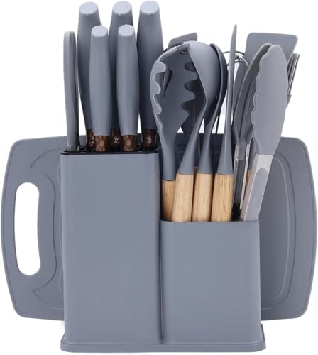 Küchenmesserset, 19-teiliges Küchenutensilien-Paket, einschließlich 5 Messern und 13 Silikon-Küchenutensilien sowie 1 Aufbewahrungsbox, geeignet für Zuhause und Partys (grau) von Lrocotanc