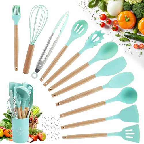 Küchenutensilien Set - 22 Stücke Silikon Küchenhelfer - Küchen Hitzebeständiger Kochbesteck Set - Pfannenwender Set - mit Utensilienhalter und 10 S Haken (Grün) von Lrocotanc