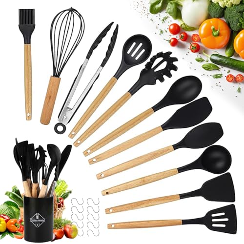Küchenutensilien Set - 22 Stücke Silikon Küchenhelfer - Küchen Hitzebeständiger Kochbesteck Set - Pfannenwender Set - mit Utensilienhalter und 10 S Haken (Schwarz) von Lrocotanc