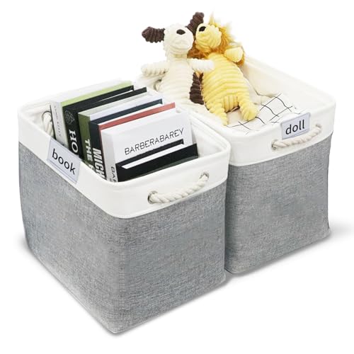Lrocotanc 2er Set Aufbewahrungsbox Stoff 45x40x30 cm – Faltbare Aufbewahrungskörbe mit Seilgriffen – Große Regalkörbe für Kallax Regal Kleiderschrank Spielzeug Bücher Kleidung Kinderzimmer Grau Weiß von Lrocotanc