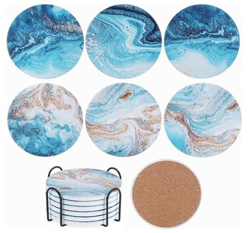 Untersetzer Keramik Rund 6er Set - Schnell Saugfähig Untersetzer Gläser - Korkboden Glasuntersetzer - Tassenuntersetzer - Coasters - Mit Ständer (Blaue Marmoroptik 6er) von Lrocotanc