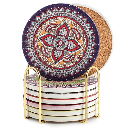 Untersetzer Keramik Rund 6er Set - Schnell Saugfähig Untersetzer Gläser - Korkboden Glasuntersetzer - Tassenuntersetzer - Coasters - Mit Ständer (Mandala Muster 8er) von Lrocotanc