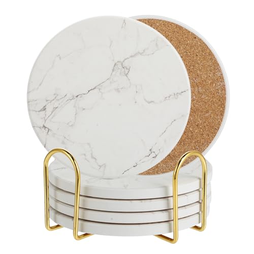 Untersetzer Keramik Rund 6er Set - Schnell Saugfähig Untersetzer Gläser - Korkboden Glasuntersetzer - Tassenuntersetzer - Coasters - Mit Ständer (Weiße Marmoroptik 6er) von Lrocotanc