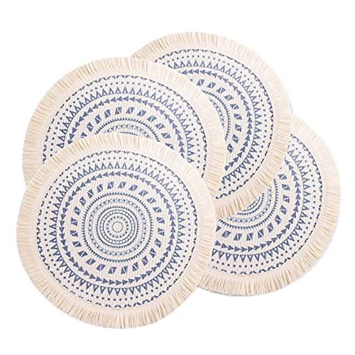 Lsimeru 4er Set Boho Platzset Rund Mandala Blau 35cm Gewebt Hitzebeständigem rutschfeste Natur Rustikal Platzdeckchen für Küche Abendessen von Lsimeru