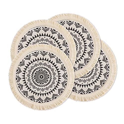 Lsimeru 4er Set Boho Platzset Rund Mandala Schwarz 35cm Gewebt Hitzebeständigem rutschfeste Natur Rustikal Platzdeckchen für Küche Abendessen von Lsimeru