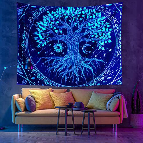 Lsimeru Baum des Lebens Wandteppich Leuchtet im Dunkeln 150x130 Wanddeko Wandtücher Psychedelic Trippy Mond und Sonne Schwarz Wandtuch Wandbehang für Schlafzimmer Wohnzimmer von Lsimeru