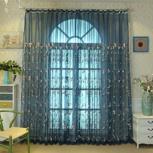 Lsimeru Blau Retro Vorhang Transparent Kräuselband Romantisch Blumenmuster,2er Set Gardinen Durchsichtig Voile Vorhänge Schlafzimmer Wohnzimmer Dekoschal 140x225 von Lsimeru