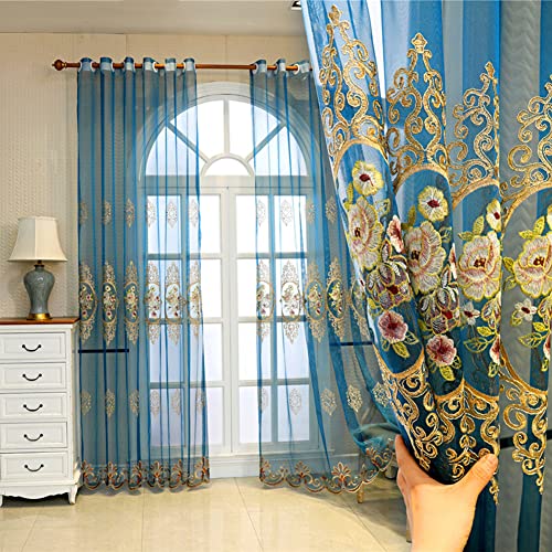 Lsimeru Blumen Vorhang Transparent mit Ösen Blau Stickerei Vintage Barock Luxus 2 Stücke Ösenvorhang Gardinen Durchsichtig Dekoschal Wohnzimmer Schlafzimmer,140x175 von Lsimeru