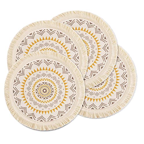 Lsimeru Boho Platzset Rund Geflochten 4er 45cm mit fransen Gelb Mandala Muster Hitzebeständigen rutschfest Waschbaren Woven Tischset Platzmatten für Hause Küche Restauran von Lsimeru