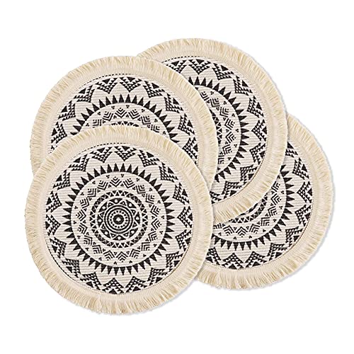 Lsimeru Boho Platzset Rund Geflochten 4er 45cm mit fransen Schwarz Mandala Muster Hitzebeständigen rutschfest Waschbaren Woven Tischset Platzmatten für Hause Küche Restauran von Lsimeru