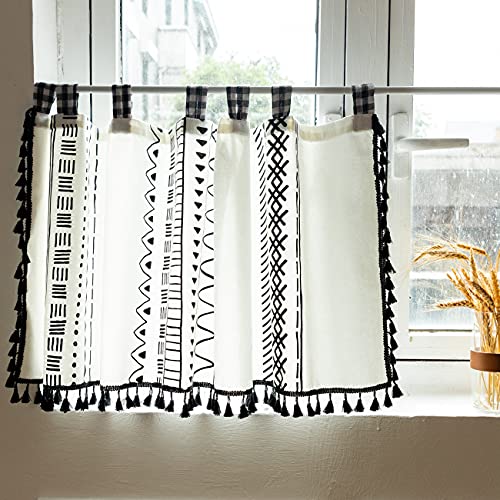 Lsimeru Boho Style Scheibengardinen Kurzstores 60x150cm Schwarz Weiß Geometrisch mit Schlaufen,Modern Küchengardinen Gardinen Küche Kurz Halbtransparent halbvorhang Fenster von Lsimeru