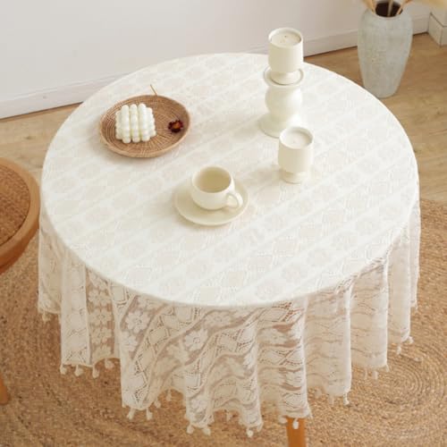 Lsimeru Boho Style Tischdecke Gehäkelt Rund 150cm Blumenmuster Baumwolle Tischtuch Geflochten Häkeloptik Outdoor Waschbar Tafeltuch Tischdekoration für Hochzeit Party Kaffee von Lsimeru