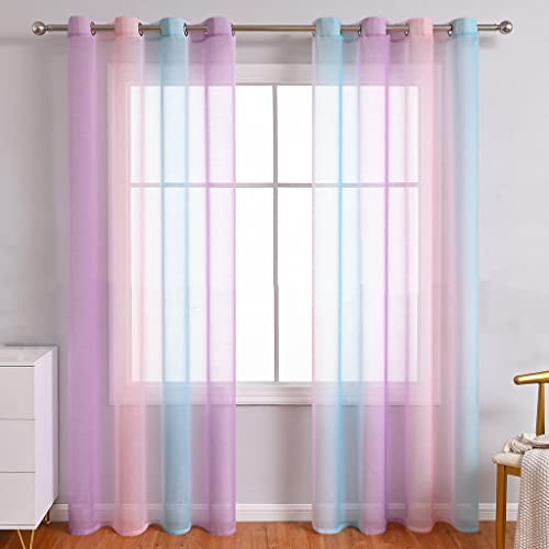 Lsimeru Gardine Farbverlauf Transparent Lila Rosa Blau Kinderzimmer Mädchen Jungen 2er Pack Regenbogen Sheer Vorhänge Durchsichtig Ösenvorhang Kindervorhänge Babyzimmer,100x200 von Lsimeru