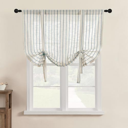 Lsimeru Gestreift Leinen Raffrollo Landhausstil Shabby mit Tunnelzug Raffgardinen Bändchenrollo Scheibengardinen Bistrogardine Rollos Kurz Gardinen Kurzvorhang 140x140 von Lsimeru