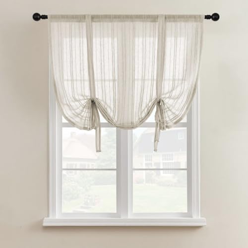 Lsimeru Gestreift Leinen Raffrollo Landhausstil Shabby mit Tunnelzug Raffgardinen Bändchenrollo Scheibengardinen Bistrogardine Rollos Kurz Gardinen Kurzvorhang Crème 140x120 von Lsimeru