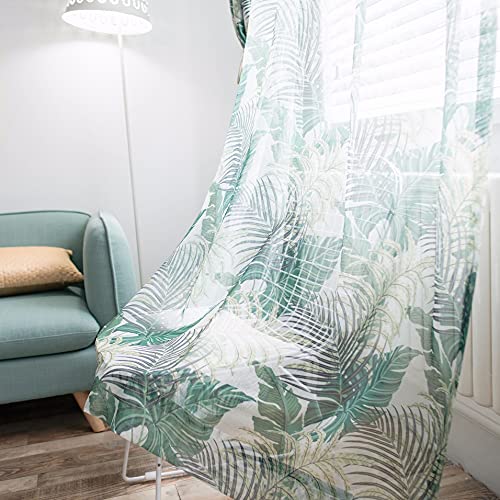 Lsimeru Grün Blätter Vorhänge Transparent Kräuselband 2er Pack 145x140 Wohnzimmer Palmen Tropisch Modern Landhausstil Gardine Vorhang Durchsichtig Dekoschal von Lsimeru