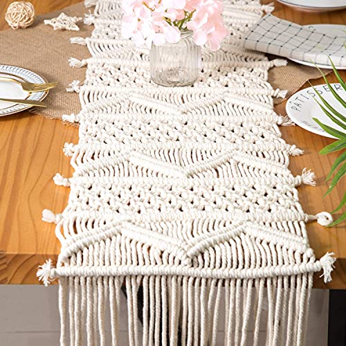 Lsimeru Hochzeit Tischläufer Makramee Boho Klein Beige Handgemade Geflochten Tischläufer Natur Landhausstil Tischband Läufer Tischdekoration mit Quasten 150x35cm von Lsimeru