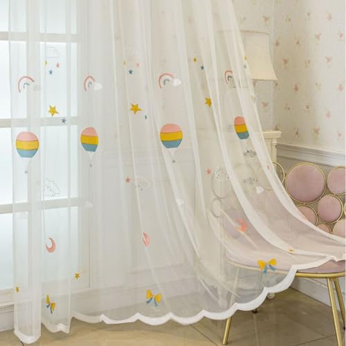 Lsimeru Kindervorhang Mädchen Transparent Kurz Ballon Sterne Mond Gardinen Vorhäng Durchsichtig Weiß Muster 2er Set Ösen Ösenschal für Kinderzimmer Babyzimmer von Lsimeru