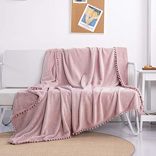 Lsimeru Kuscheldecke Fleecedecke Flauschig Altrosa 180x200cm mit Pompoms,Wohndecke Weich Warm Einfarbig Flanelldecke Tagesdecke Couchdecke Sofadecke von Lsimeru