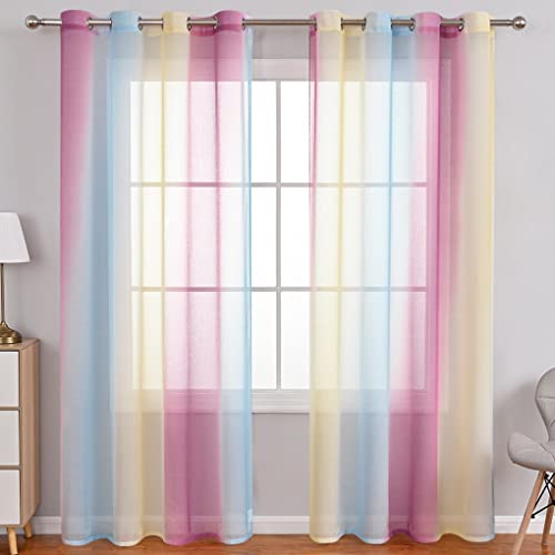 Lsimeru Regenbogen Vorhang Farbverlauf Transparent Lila Blau Gelb 2er Pack Tüll Gardinen Durchsichtig Bunt Ösenschal Ösenvorhang Halbtransparent Wohnzimmer Schlafzimmer,100x250 von Lsimeru