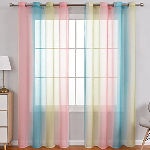 Lsimeru Regenbogen Vorhang Farbverlauf Transparent Rosa Blau Gelb 2er Pack Tüll Gardinen Durchsichtig Bunt Ösenschal Ösenvorhang Halbtransparent Wohnzimmer Schlafzimmer,100x250 von Lsimeru