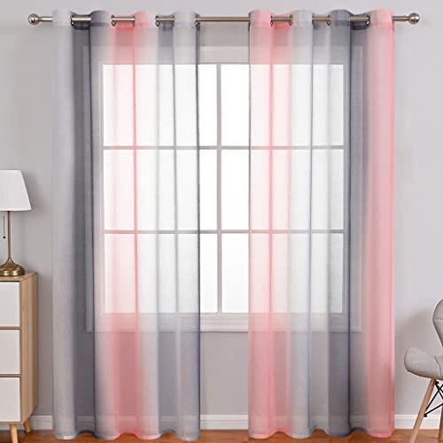 Lsimeru Regenbogen Vorhang Farbverlauf Transparent Rosa Grau 2er Pack Tüll Gardinen Durchsichtig Bunt Ösenschal Ösenvorhang Halbtransparent Wohnzimmer Schlafzimmer,100x250 von Lsimeru