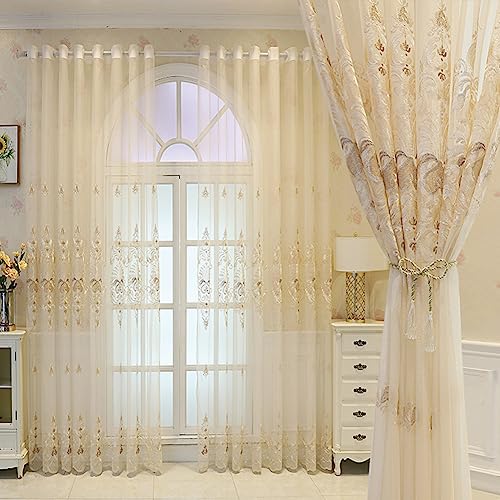 Lsimeru Retro Barock Gardinen Durchsichtig Beige Palast Stickerei Klassische Tüll Vorhäng Transparent Muster Ösen Ösenschal Fenstervorhang Schlafzimmer Wohnzimmer 2er Set,140x225 von Lsimeru