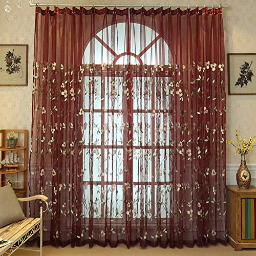 Lsimeru Rot Vintage Vorhang Transparent Kräuselband Gardinen Durchsichtig Romantisch Blumenmuster Voile Vorhänge Schlafzimmer Wohnzimmer Dekoschal,2er Set 140x260 von Lsimeru