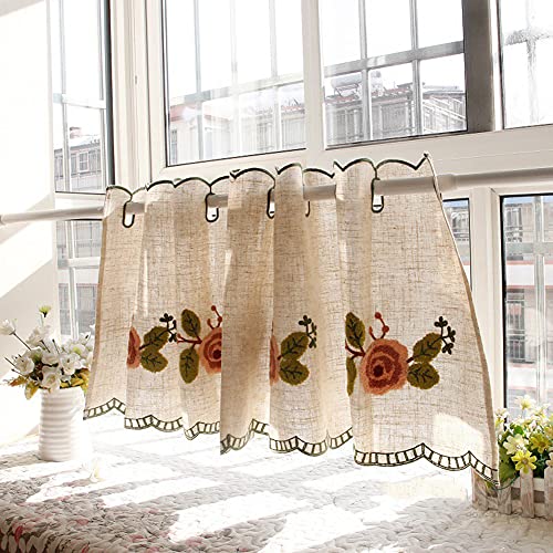 Lsimeru Scheibengardine Vintage Shabby Chic Kurz Stickerei Rose Muster Halbtransparent Landhaus Küchenvorhänge Fenster Kurzstore Baumwolle Romantisch Rustikal Kurzgardinen 1 Stück,195x85cm von Lsimeru