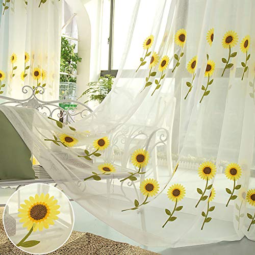 Lsimeru Sonnenblume Gardinen Kinderzimmer Mädchen Transparent Blumen Kräuselband Kurz 2 Stücke Vorhänge Durchsichtig Schals Fensterschal für Babyzimmer 140x160 von Lsimeru