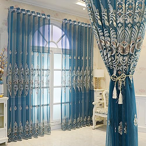 Lsimeru Vintage Blumen Vorhang Wohnzimmer Schlafzimmer Transparent mit Ösen Blau 3D Barock Luxus 2er-Pack Ösenvorhang Gardinen Halbtransparent Ösenschal Dekoschal Gardinenschal,140x225 von Lsimeru