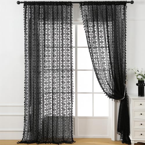 Lsimeru Vintage Häkelvorhange Lang Schwarz Diamant Muster Boho Vorhang Häkelspitze Häkeln Geflochten Gardinen Halbtransparent Fenstervorhang für Wohnzimmer Schlafzimmer,140x260cm von Lsimeru