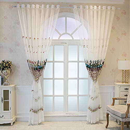 Lsimeru Vintage Pfau Ösenvorhang Transparent 175 Blumen Stickerei Pfauenfeder Tiere 2er Pack Voile Ösenschal Vorhäng Gardinen Lichtdurchlässig Wohnzimmer Schlafzimmer Weiß,175x140 von Lsimeru