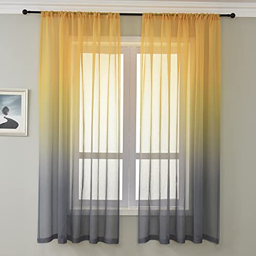 Lsimeru Voile Gardine Farbverlauf Gelb Grau Leinenoptik Vorhang Halbtransparent Bunt 2er Set Sheer Gardinen Dekoschal Fensterschal für Kinderzimmer Wohnzimmer Schlafzimmer,132x183 von Lsimeru