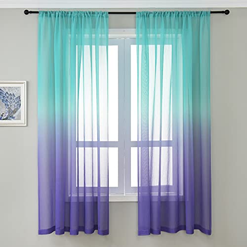 Lsimeru Voile Gardine Farbverlauf Türkis Violett Leinenoptik Vorhang Halbtransparent Bunt 2er Set Sheer Gardinen Dekoschal Fensterschal für Kinderzimmer Wohnzimmer Schlafzimmer,132x183 von Lsimeru