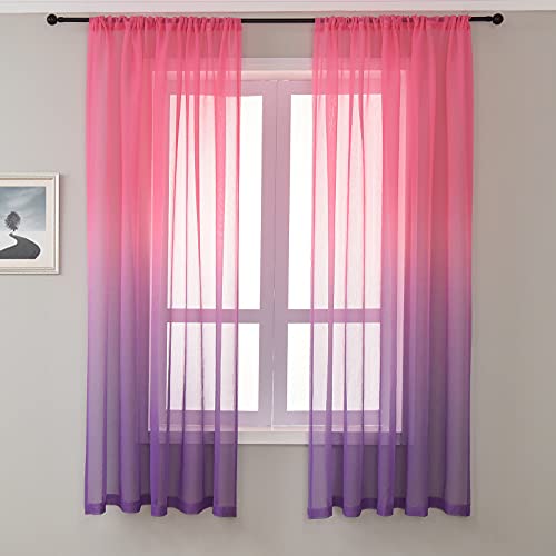 Lsimeru Voile Gardine Vorhang Farbverlauf Rosa Lila Gardinen Leinenoptik Halbtransparent Bunt 2er Set Vorhänge Dekoschal Fensterschal für Wohnzimmer Schlafzimmer,132x160 von Lsimeru