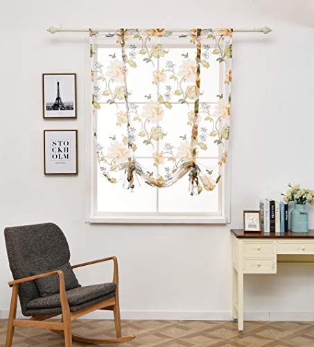 Lsimeru Voile Raffrollo Raffgardinen mit Tunnelzug 100 cm breit Scheibengardine Landhausstil Transparent Modern Bändchenrollo Gardinen Kurzstore mit Stickerei Pfingstrose Blumenmuster von Lsimeru