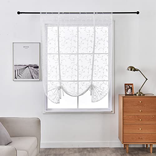 Lsimeru Voile Raffrollo Transparent Weiß Ranken Stickerei Modern mit Tunnelzug Raffgardinen Bändchenrollo Gardinen Kurz Küche Wohnzimmer Schlafzimmer,120x140 von Lsimeru