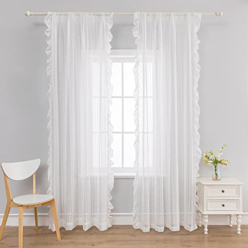 Lsimeru Vorhang Weiß Transparent Spitze Modern Boho mit Rüschen 2er Pack Sheer Lace Vorhänge Durchsichtig Edel Wohnzimmer,132x160 von Lsimeru