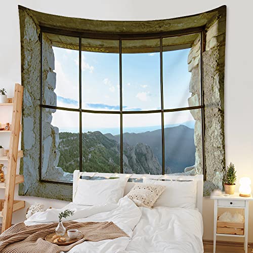 Lsimeru Wandteppich Fensterblick 3D Blumen Berge Natur Landschaft Wandtuch Wandbehang Fenster Moderne Kunst Berglandschaft Wanddeko Wandtücher für Schlafzimmer Wohnzimmer,150x100 von Lsimeru