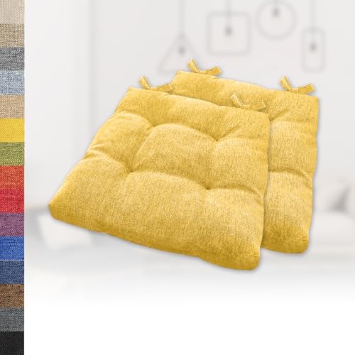 Lsjoaw 2er Set Sitzkissen 30x30x6cm Gemütliche Stuhlkissen mit Bindebänder Polster Auflage Sitzpolster Stuhlauflage Sitzpolster für Gartenstuhl Küche oder Esszimmer Quadrat Leinenimitat Gelb von Lsjoaw